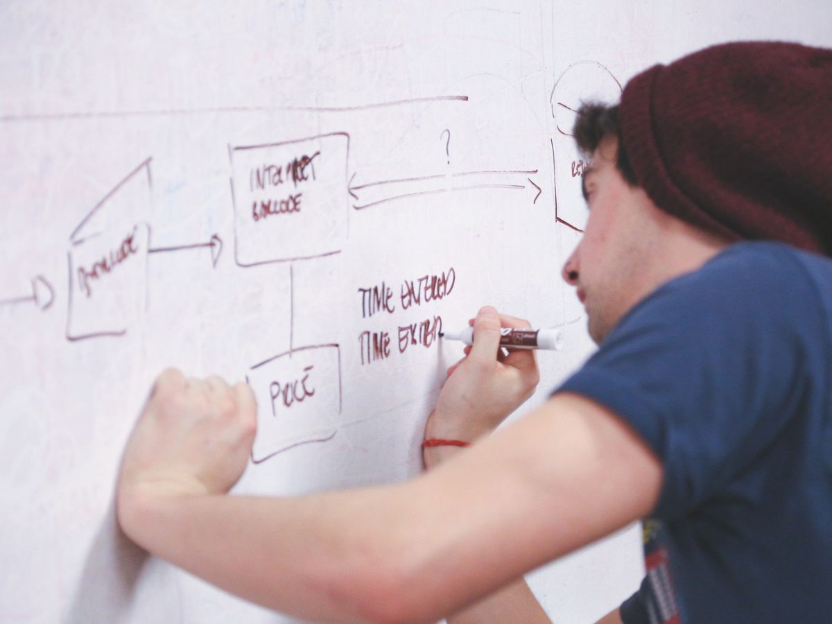 Man writing on a heavily used whiteboard covered in old marker traces