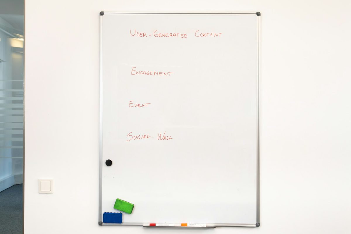 Office whiteboard with erasers and markers on its tray